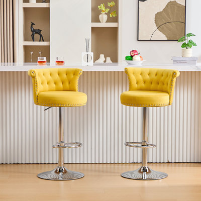Ensemble de 2 tabourets de bar en velours, tabourets pivotants réglables avec pieds en métal plaqué argent, têtes de clou chromées, chaise à hauteur de comptoir pour la cuisine, la salle à manger