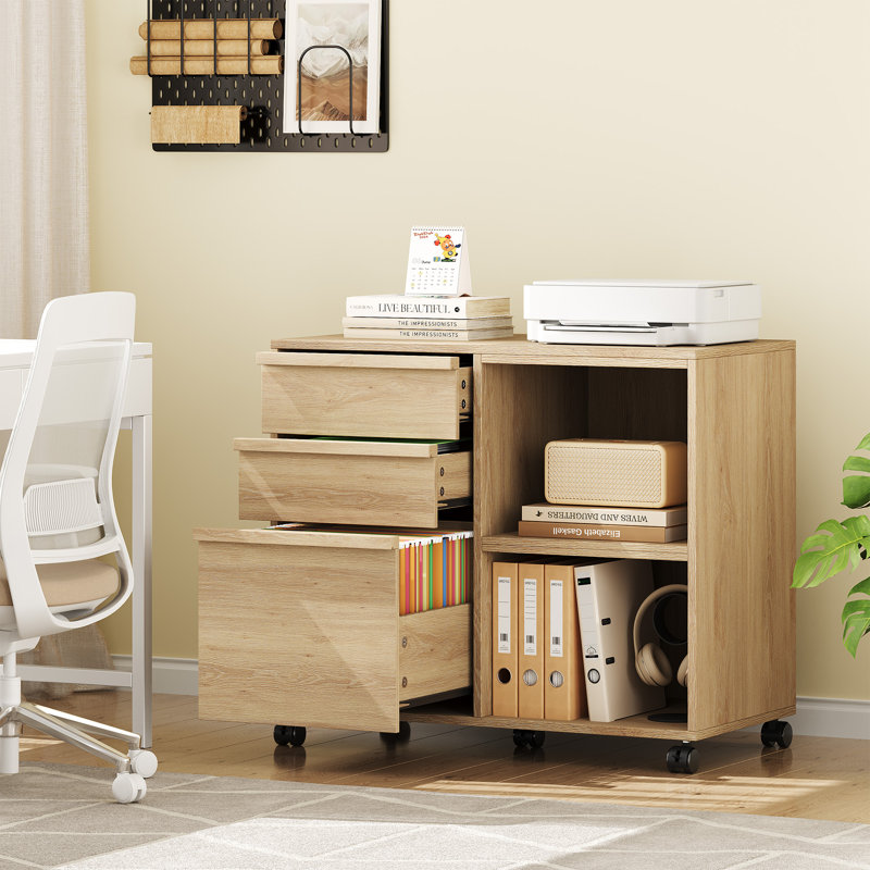 Spacious 3-Drawer Lateral File Cabinet for Dining Room – Wooden Rolling Storage with Open Shelf – Mobile Printer Stand – Brown-Red, 3 Drawers with Shelf