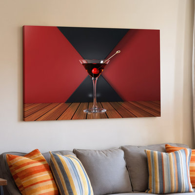 Canvas A Sleek Stylized Martini Glass Sits Elegantly On A Wooden Wall Art Surface Showcasing A Rich Dark Liquid With A Glossy Sheen Canvas Wall Art