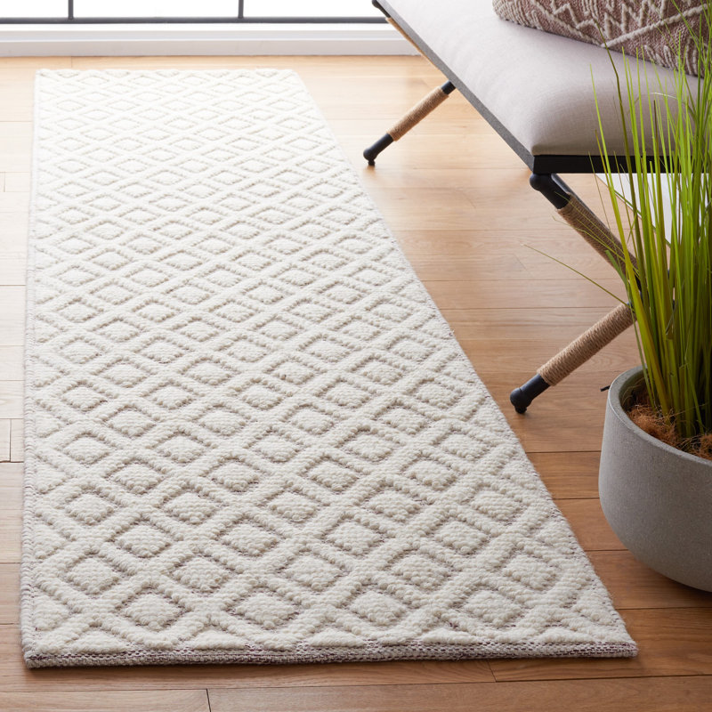 Tapis géométrique en laine tissé à la main ivoire / rouge, Tapis de couloir 2 pi 3 po x 8 pi