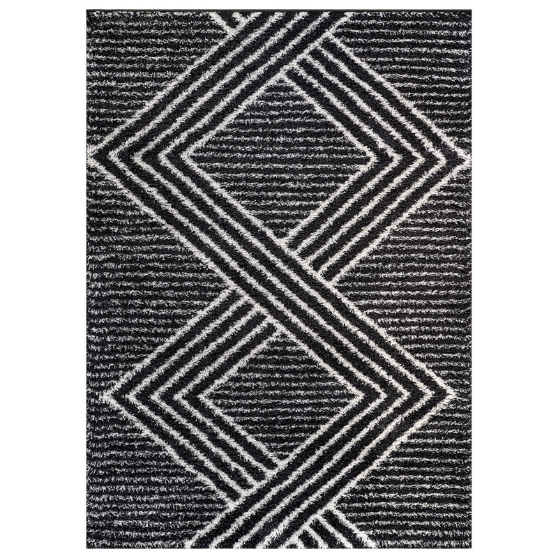 Tapis à poils longs à motif géométrique abstrait gris anthracite foncé - velours moyen, durable et élégant