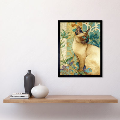 Tonkinese Cat With Nouveau Botanical Patterns Colourful Watercolour - Single Picture Frame Print