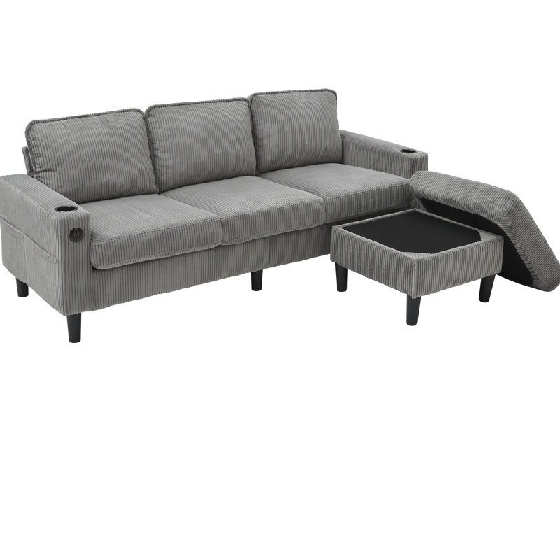 Grey 3 With Storage And Footrest For Living Room, Featuring Port, Cup Holders, Armrest - Modern Style, Linen Upholstery , , Comfortable Footrest, Storage, American Design