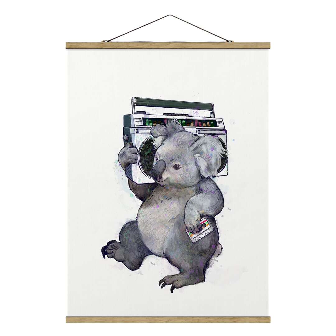 Stoffbild Mit Posterleisten - Laura Graves - Illustration Koala Mit Radio Malerei - Hochformat 4:3