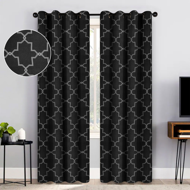 Nichola Vintage Geometric Trellis Room Darkening Room Darkening  Curtains, Rod Pocket or Grommets, 52" W x 108" L, Black