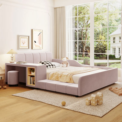 Upholstered Grounded Bed, Mother & Child Bed With Bedside Desk And Little Round Stool, Velvet