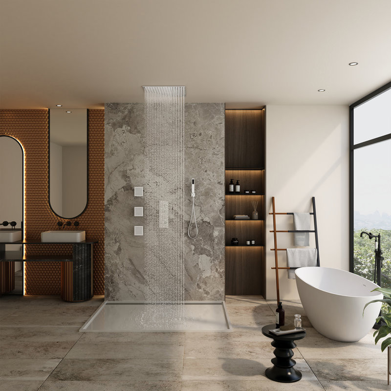 Large Chrome Dual Square Ceiling Mounted Shower System with Body Jets