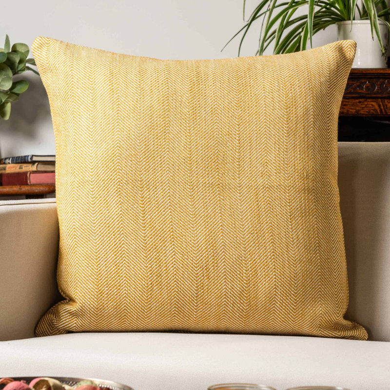 Faux Wool Linen Blend Herringbone Cushion in Ochre Yellow, 58x58cm, Feather filled