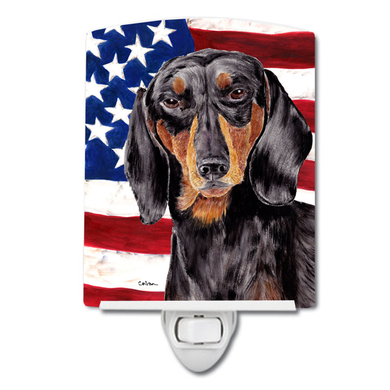 Drapeau américain avec éclairage en céramique terrier fox american, Teckel noir