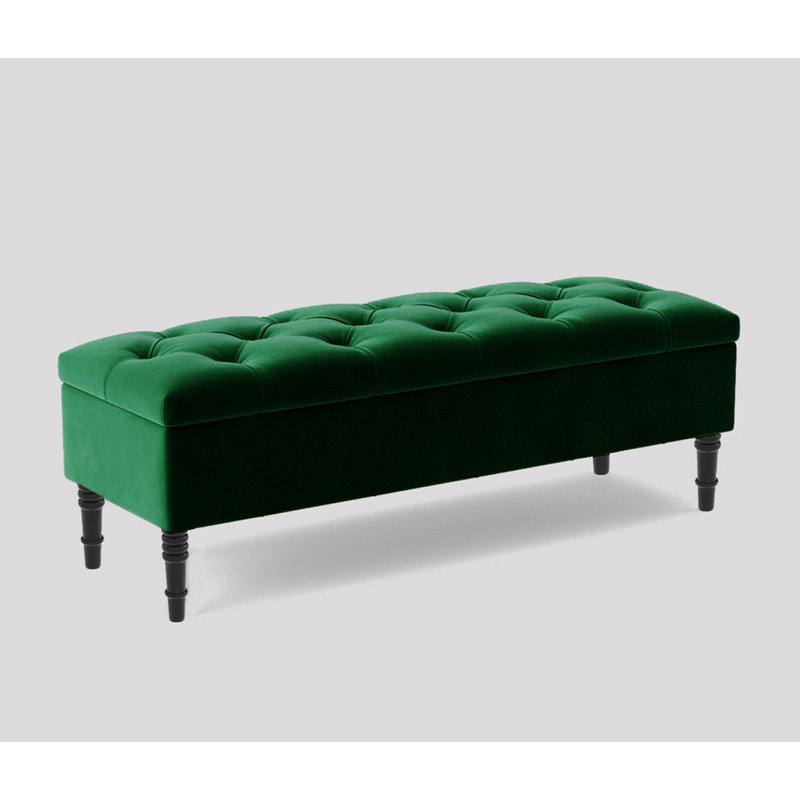 Alyana Wide Tufted Rectangle Ottoman Storage Bench - Upholstery Velvet Shoe Bench with Turned Wooden Legs, Forest Green