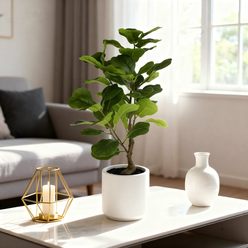 Figuier figuier artificiel 25 pouces - plante en plastique artificiel en pot de ciment blanc, faux arbre d'intérieur réaliste pour la décoration de bureau à domicile, plante d'intérieur sans entretien