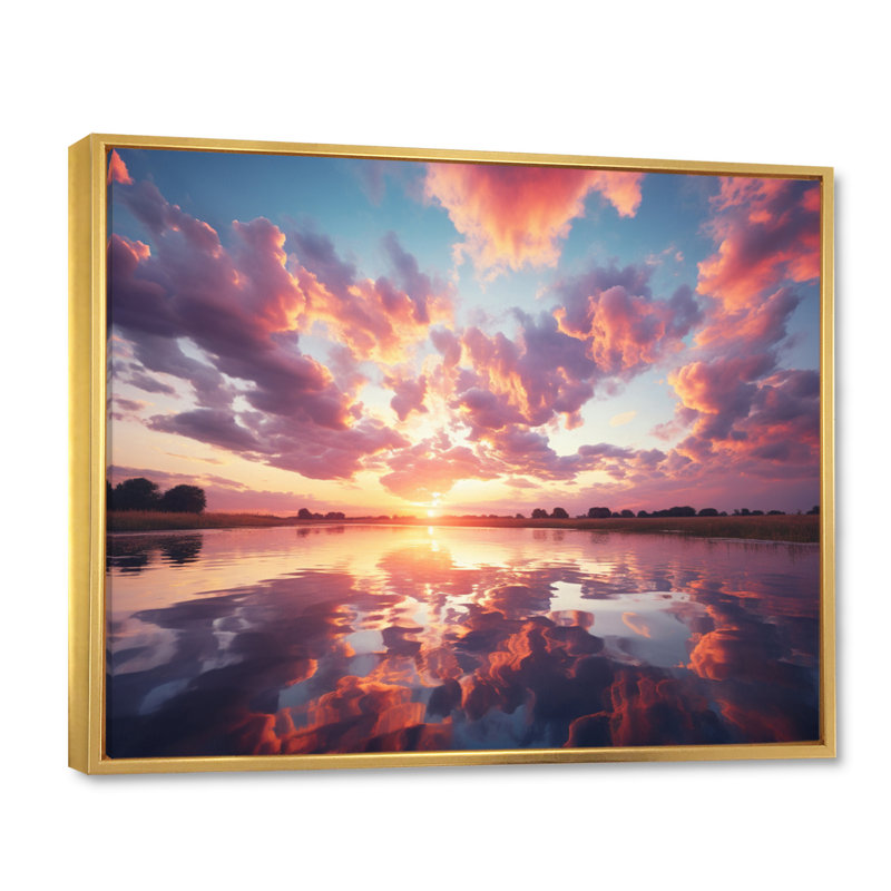 Coucher de soleil, barbe à papa - impression, Cadre flottant doré, H 16 po x l 32 po x P 1 po