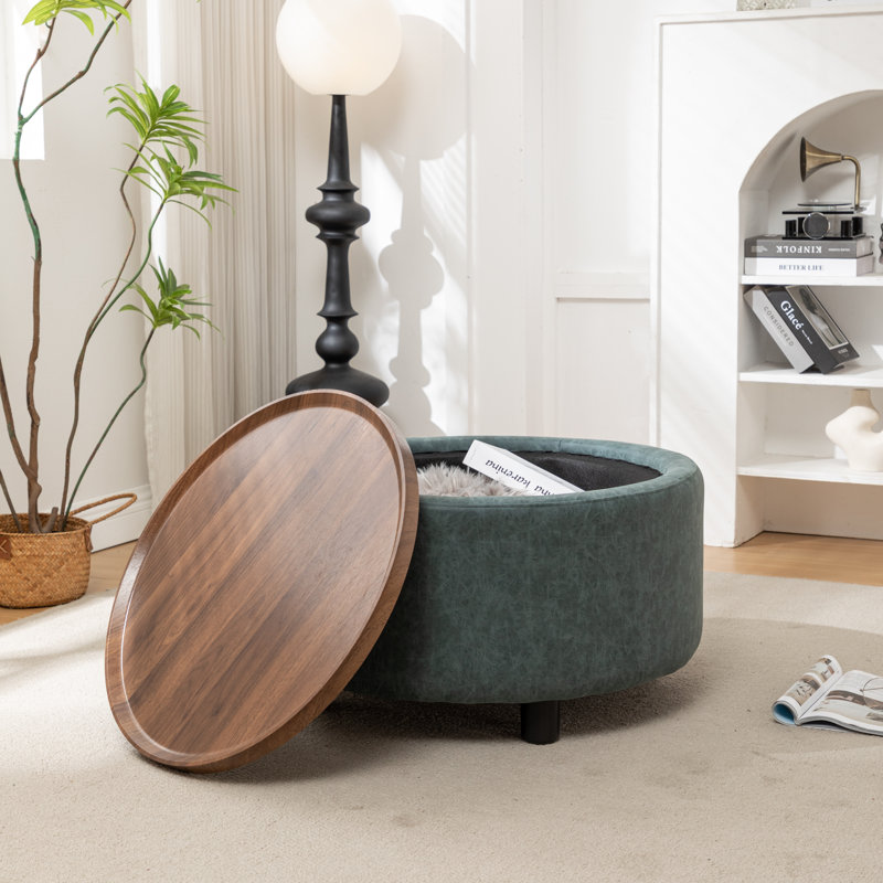 Bryonie Round Cocktail Ottoman with Storage, Blue Performance Faux Leather