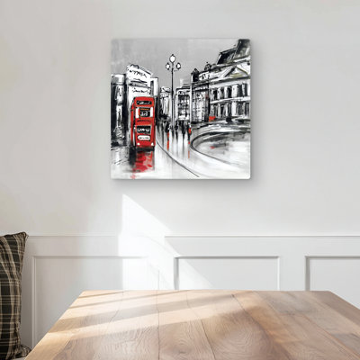 Abstract Gray City with Red Bus - Metal Print for Home Decor