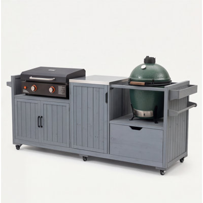Îlot de cuisine K&K 80,5 "pour Big Green Egg & Blackstone Gril, chariot de barbecue en bois de sapin massif avec plateau en acier inoxydable, gris-bleu
