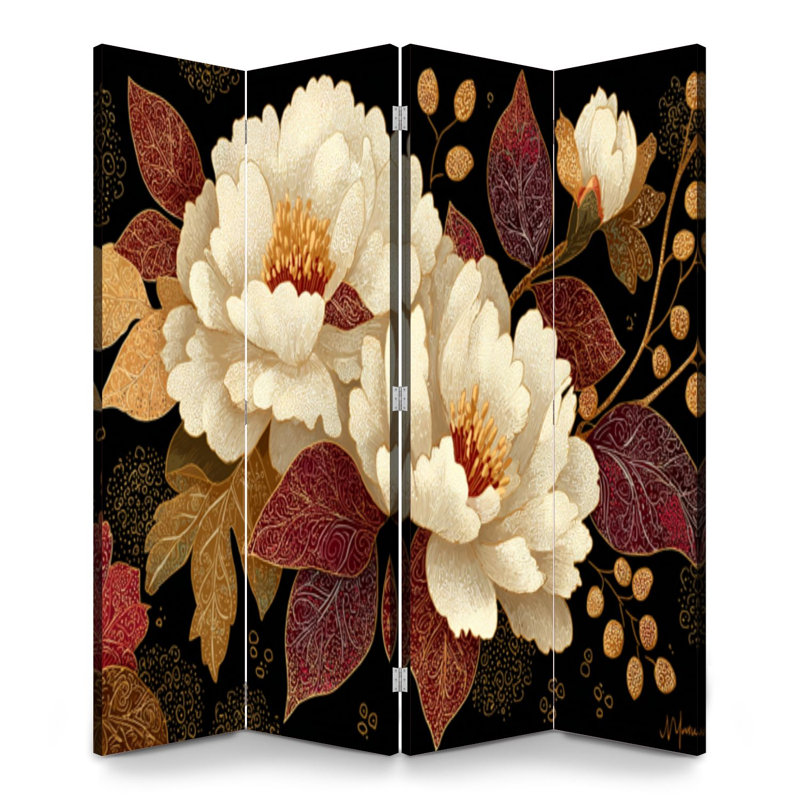 Cloison pliante à 4 panneaux avec pivoines Royal Opulent or blanc et romantique, 4, H 71 po x l 64 po x P 1 po