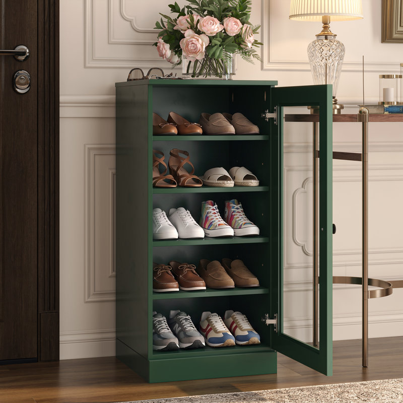 Armoire de rangement à chaussures 100% en bois massif à porte étroite en verre avec tablettes réglables, rangement empilable peu encombrant, l 16,5 po x H 35,75 po