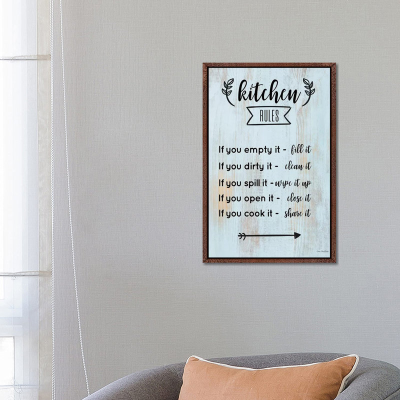 Kitchen Rules - Print on Canvas, 66.04cm H x 45.72cm W x 3.81cm D, Classic Brown Wood Floater Framed