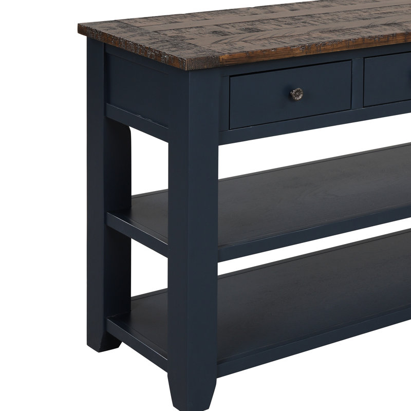 Table d'entrée 48 po en bois de pin avec 3 tiroirs et 2 tablettes, structure, capacité de poids élevée, rangement latéral solide de style rétro, assemblage sans effort