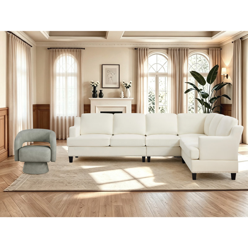 Ensemble de salon modulaire élégant 5 pièces avec canapé en chenille et fauteuil pivotant, White/Grey