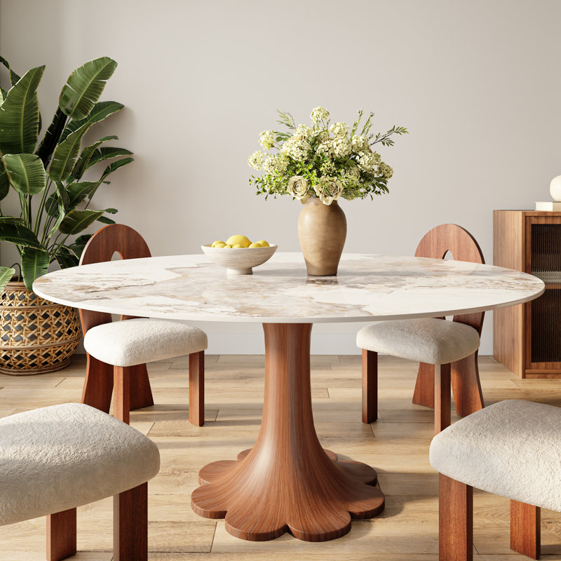 Round Stone Danner Solid Wood Pedestal Floral Shape Kitchen Dinner Table For 4/6/8, Coloré