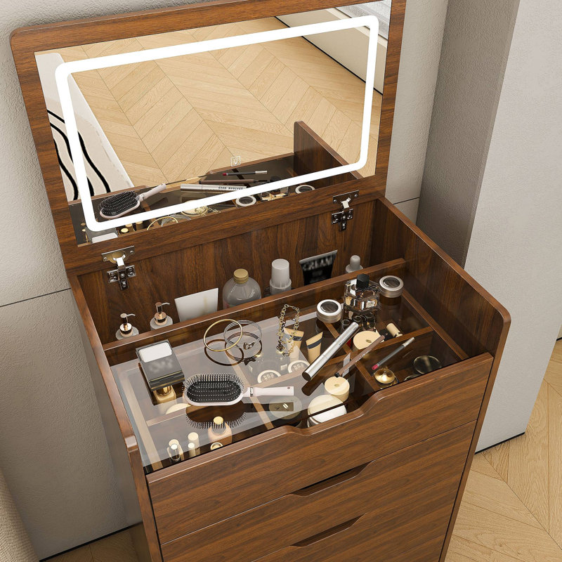 Bureau de coiffeuse 3 en 1 avec miroir éclairé et tabouret, coiffeuse à plateau rabattable, rangement compact pour la chambre à coucher, la salle de bain et le vestiaire (L 23,62 po)