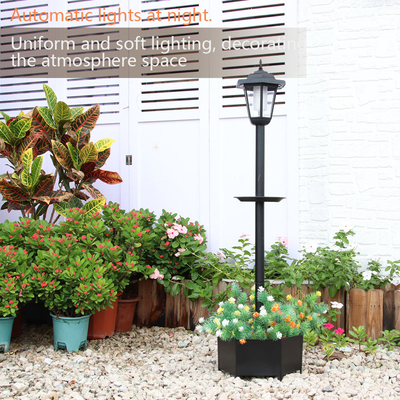 Lampadaire solaire 37,4 "avec pot à fleurs et mangeoire à oiseaux (conception 3 en 1) - IP44 imperméable, marche / arrêt automatique, capteur de crépuscule à l'aube pour le jardin, la cour, le sentier - Décoration extérieure facile à installer