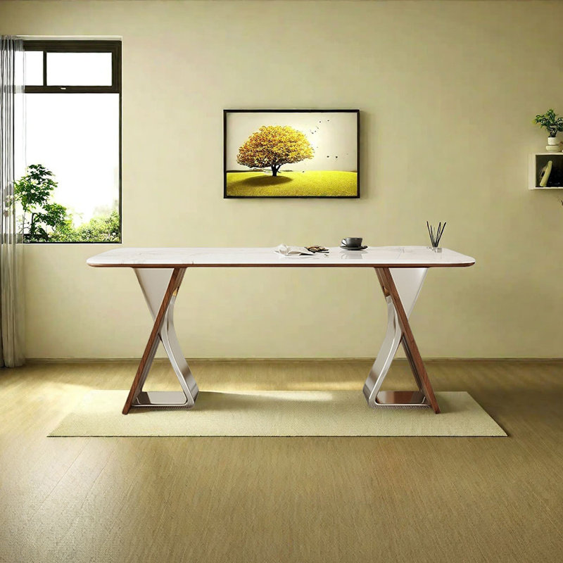 Table de salle à manger rectangulaire en pierre frittée, Argenté / havane, 29.53"H x 62.99"L x 31.5"W