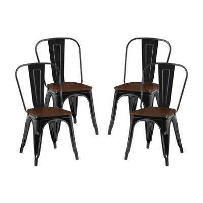 Ensemble de 4 chaises de salle à manger industrielles en métal noir lustré avec siège en bois de noyer empilable d'une hauteur de 18 pouces, intérieur extérieur, surface légère facile à nettoyer, assemblage facile, conception moderne durable