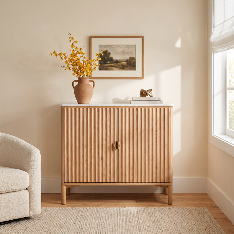 Estell Marble Top Luxury Cabinet 2 Doors With One Adjustable Shelf Straight Legs Solid Oak Wood Accent Cabinet
