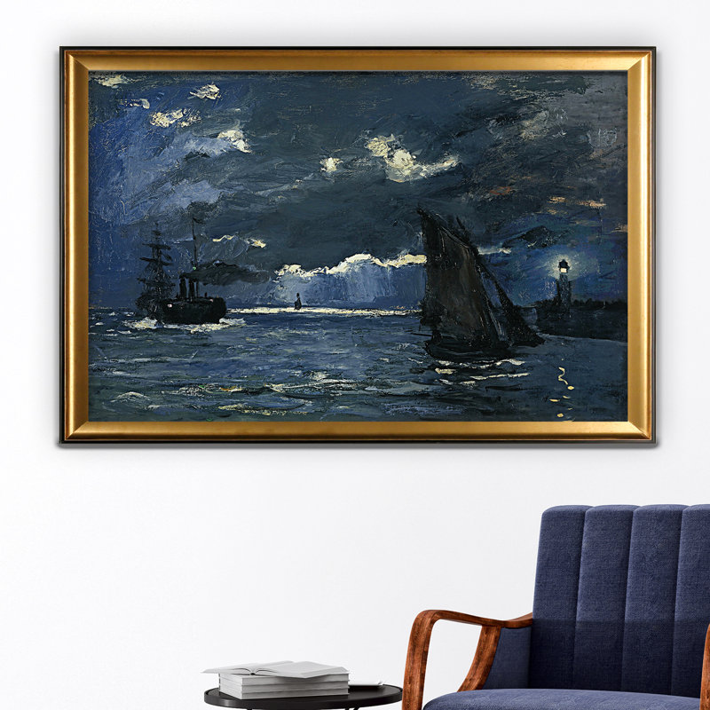 « seascape night effect », impression sur toile, Cadre doré, H 31 po x l 43 po x P 1,5 po, Blanc mat