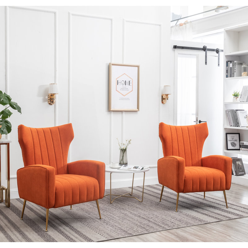 Floreal 27'' Wide Velvet Wingback Chair, Orange Velvet
