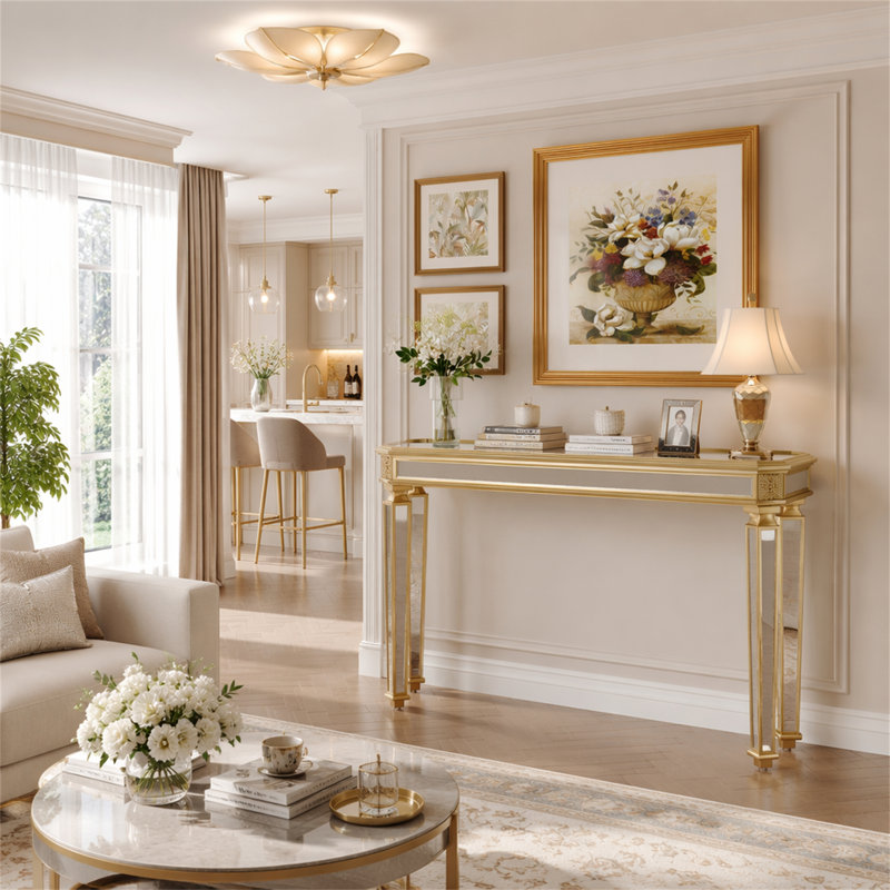 Miroir console rétro en grain de bois, Or, argent, H 32,68 po x l 48 po x P 14 po, Argent / or, argent
