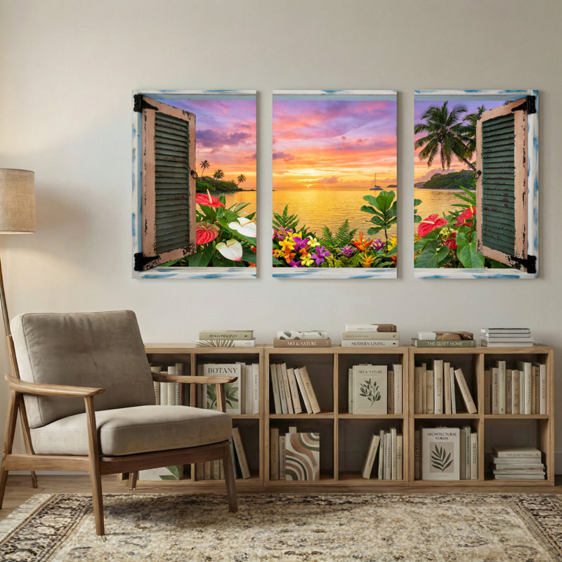 Paysage et nature Coucher de soleil tropical à travers une fenêtre avec des fleurs, H 30 po x l 60 po