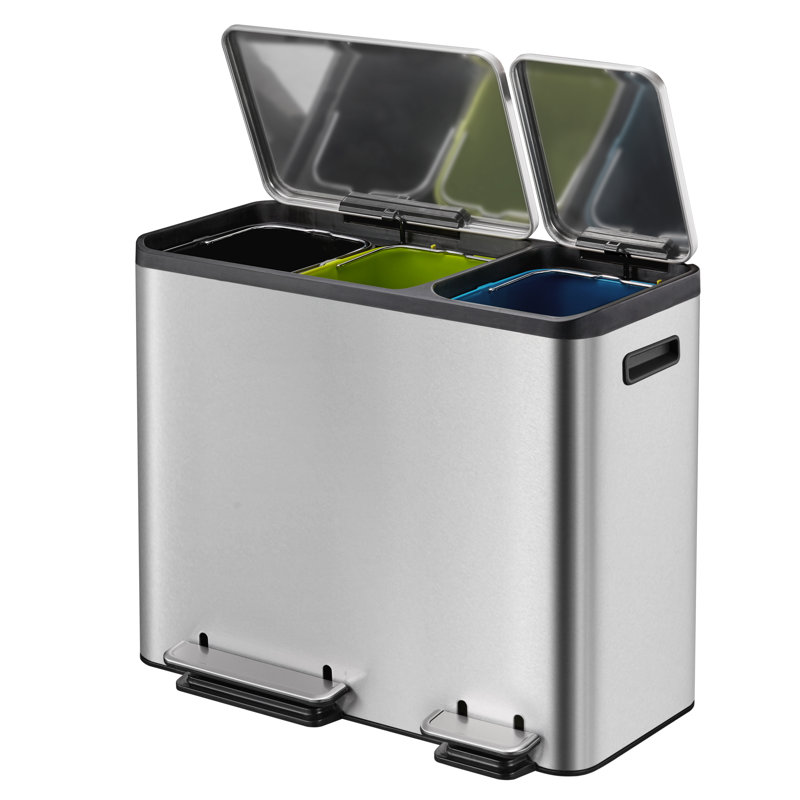 Ecocasa Steel Step On Multi-Compartment Rubbish & Recycling Bin - 45L