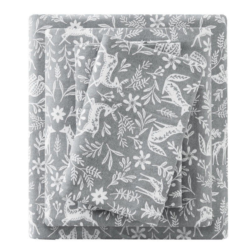 Ensemble de draps 4 pièces - Imprimé faune de sauge d'hiver, 100% flanelle de coton, dimensions luxueuses surdimensionnées jusqu'à une hauteur de matelas de 18 po, douceur supérieure, drap-housse élastique, pré-rétréci