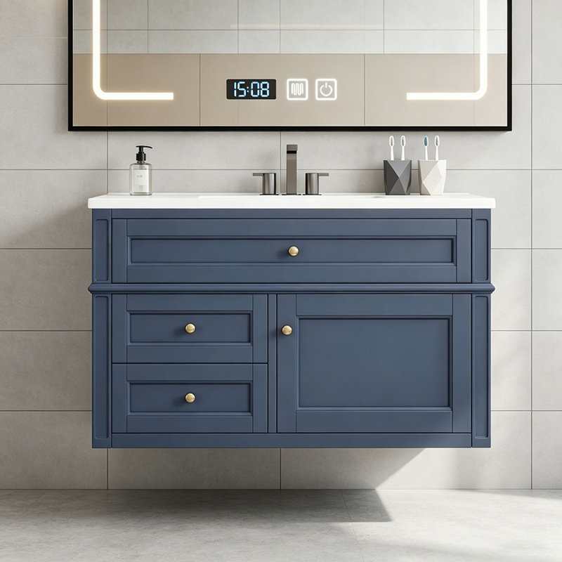Meuble-lavabo mural 36 po, armoire de rangement flottante avec 2 tiroirs, 1 tiroir basculant, lavabo simple en céramique à 3 trous, armoire moderne.