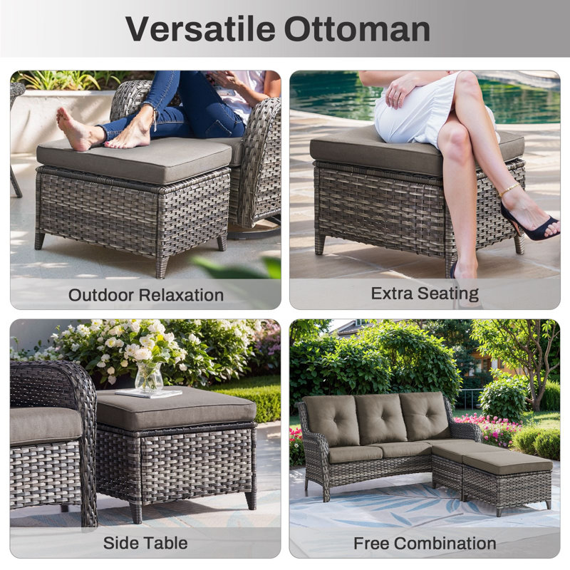 7 - Person Luxury Wicker Patio Furniture Set With Coffee Table & 6-Inch Extra-Thick Cushion Swivel Chairs, Side Table, Gray