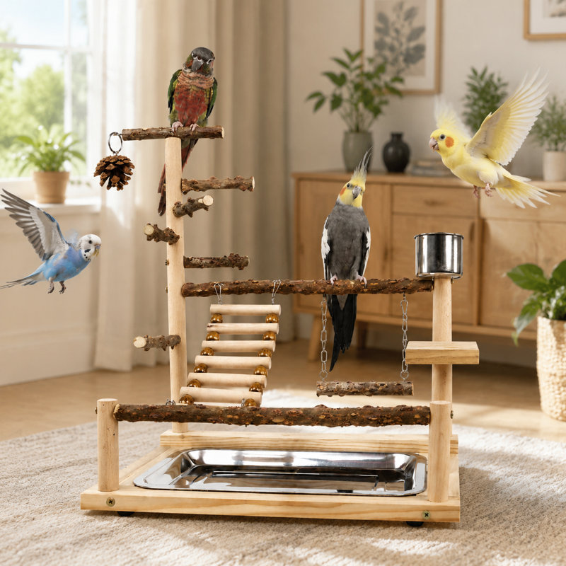 Support pour perroquet en bois de poivre naturel, perchoir de dressage d'oiseaux à plusieurs niveaux avec échelle d'escalade et pont pivotant, aire de jeu portable pour oiseaux avec gobelet pour petits perroquets moyens