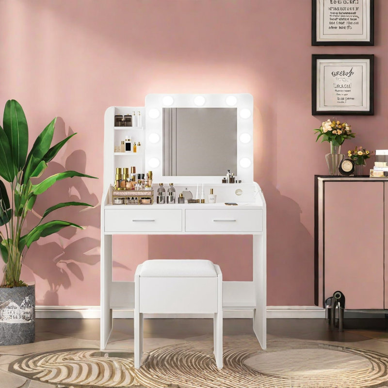 Vanity Desk With Mirror And Led Lights, Makeup Vanity Desk With Charging Station And Cushioned Stool, White