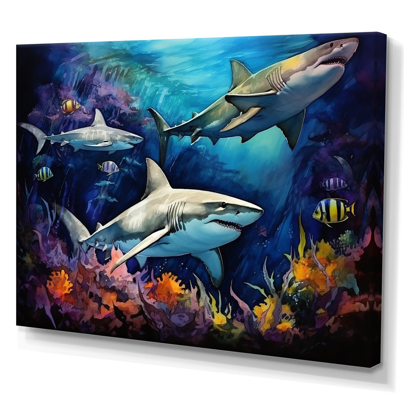 Shark Haven Under Water Painting - Shark Wall Art, 16" H x 32" W x 1" D, Wrapped Canvas