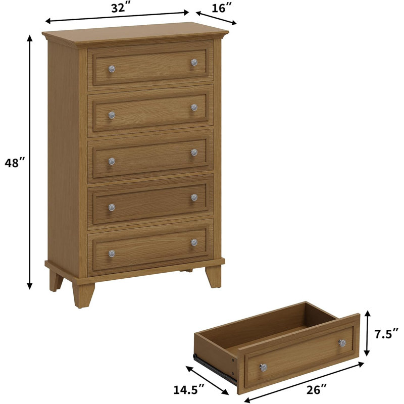 Commode brune pour chambre à coucher, commode haute 48 po avec 5 tiroirs, commode avec rangement, commodes en bois rétro pour placard, salon, couloir