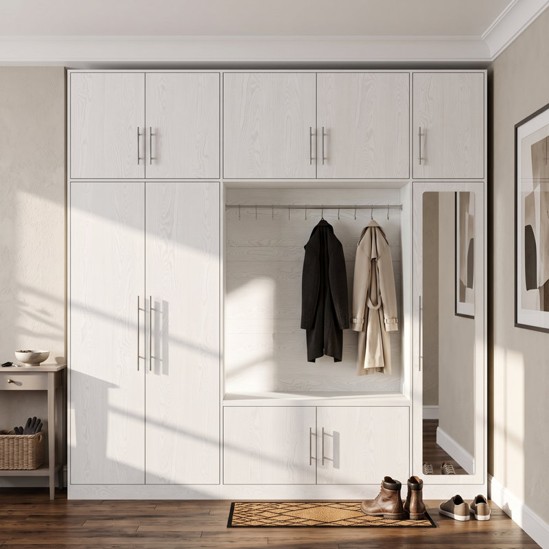 Grand porte-manteau avec miroir pleine longueur, tringle à vêtements, banc à chaussures et rangement à plusieurs niveaux