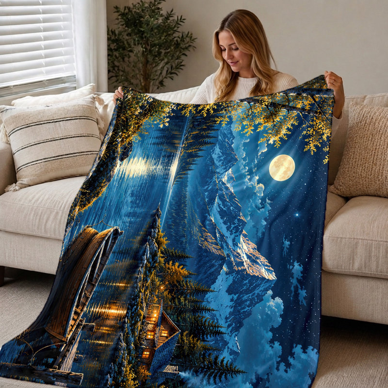 Couverture en flanelle imprimée « Lac et Montagne Sérénité » (1 pièce) – Paysage nocturne saisissant ; Douce et chaude ; Lavable à la machine ; Parfait pour la décoration intérieure et les aventures en plein air ; Cadeau idéal pour les amoureux de la nature. Convient également pour la literie et le canapé.