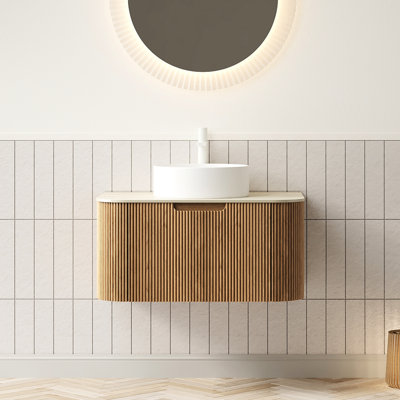 Meuble-lavabo de salle de bain 30 po, lavabo vasque rond en céramique blanc, comptoir en pierre frittée de haute qualité, armoire de rangement en contreplaqué épais de 18 mm avec grain de bois naturel et système de tiroir à fermeture en douceur de 30 po,
