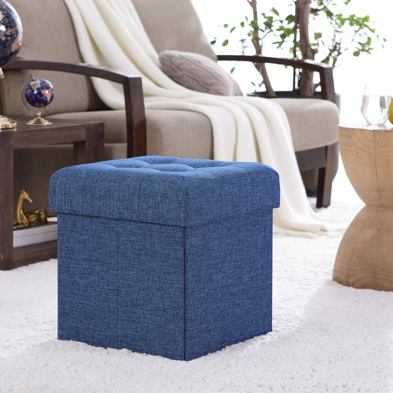 Lambertville Upholstered Ottoman, Navy Linen
