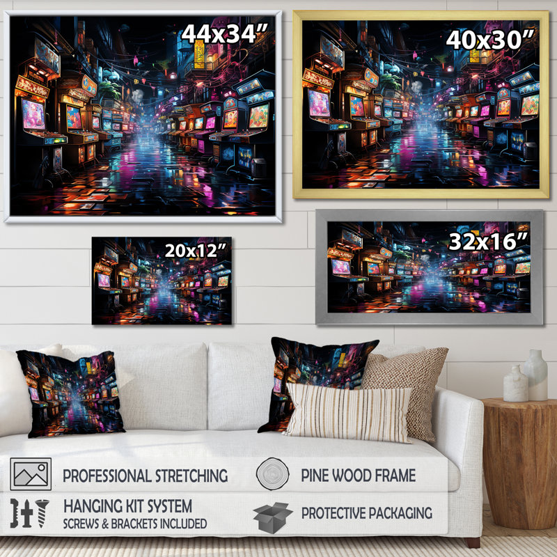 Neon Arcade - jeu vidéo grand art mural, H 34 po x l 44 po x P 1,5 po, Toile tendue