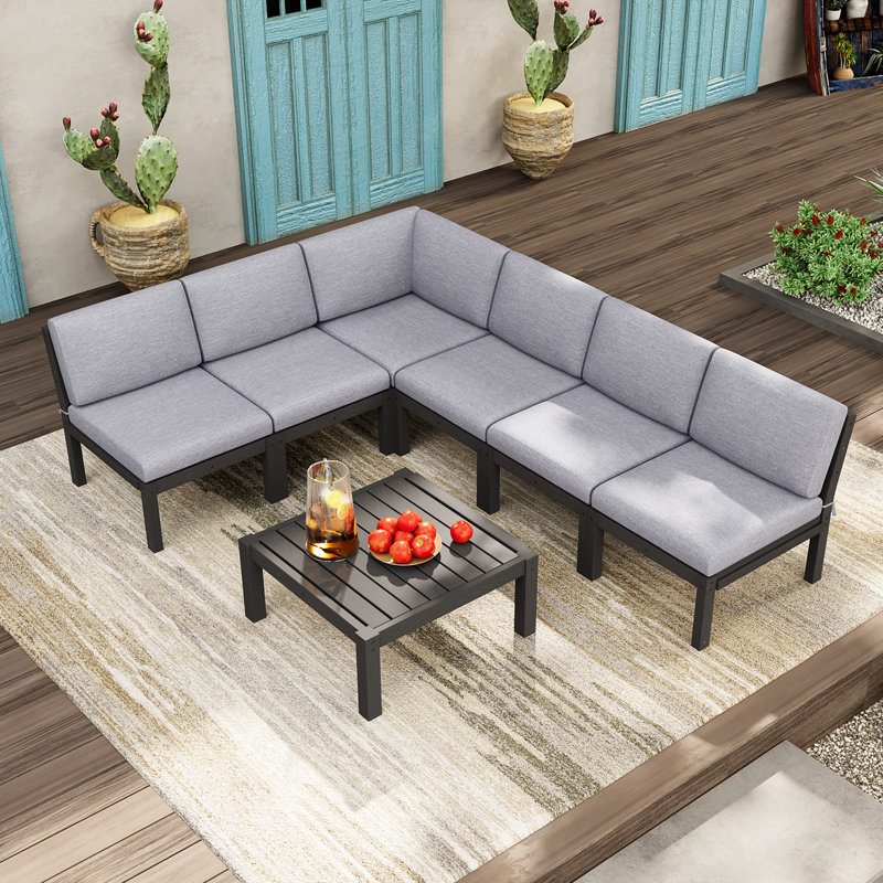 6 - Person Outdoor HIPS Patio Conversation Furniture Set, Black, Light Gray Cushion/Black Frame