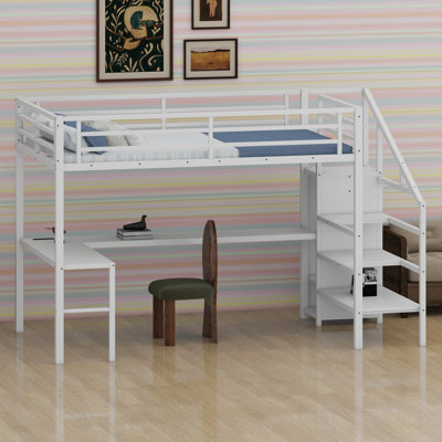 Lit mezzanine en métal avec bureau en L, ports USB, garde-robe, tablettes réglables et lumières DEL