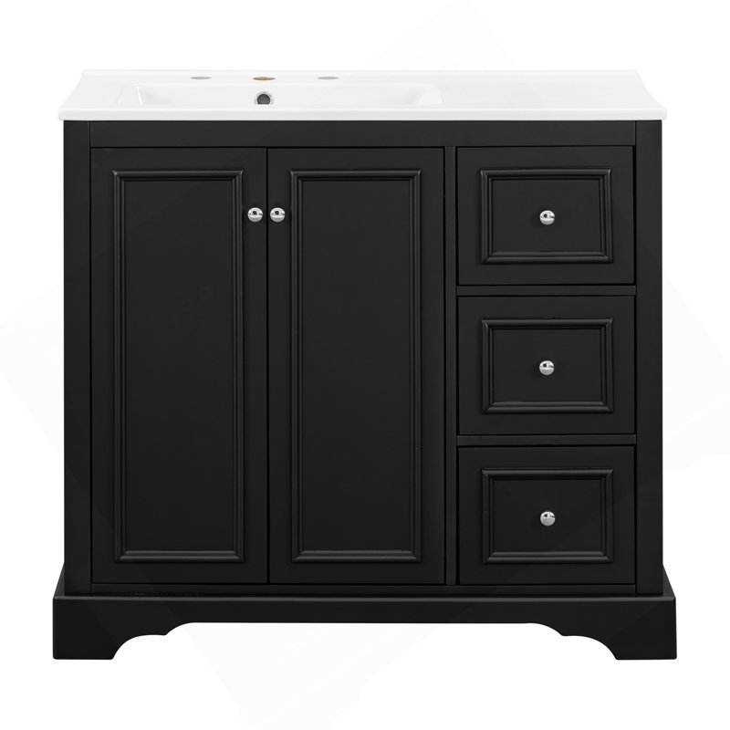 Meuble-lavabo transitionnel 36 po avec lavabo en céramique de 36 po - Comprend 2 portes à fermeture en douceur, une tablette réglable en forme de U, 3 tiroirs (dont un avec séparateur), une finition peinte et un grand espace de rangement